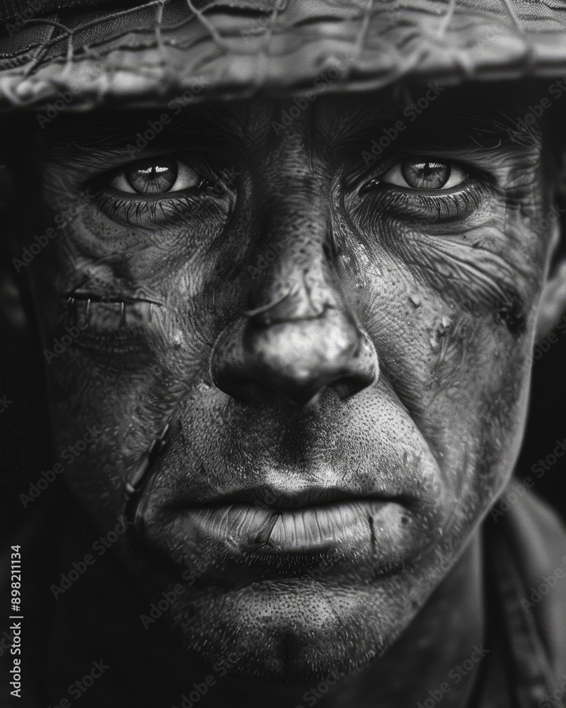 black and white portrait of a drill sergeant, captured in a close-up that emphasizes the rugged features and steely gaze, with the harsh lines of fatigue and dedication etched on the sergeant face black and white portrait of a drill sergeant, captured in a close-up that emphasizes the rugged features and steely gaze, with the harsh lines of fatigue and dedication etched on the sergeant face