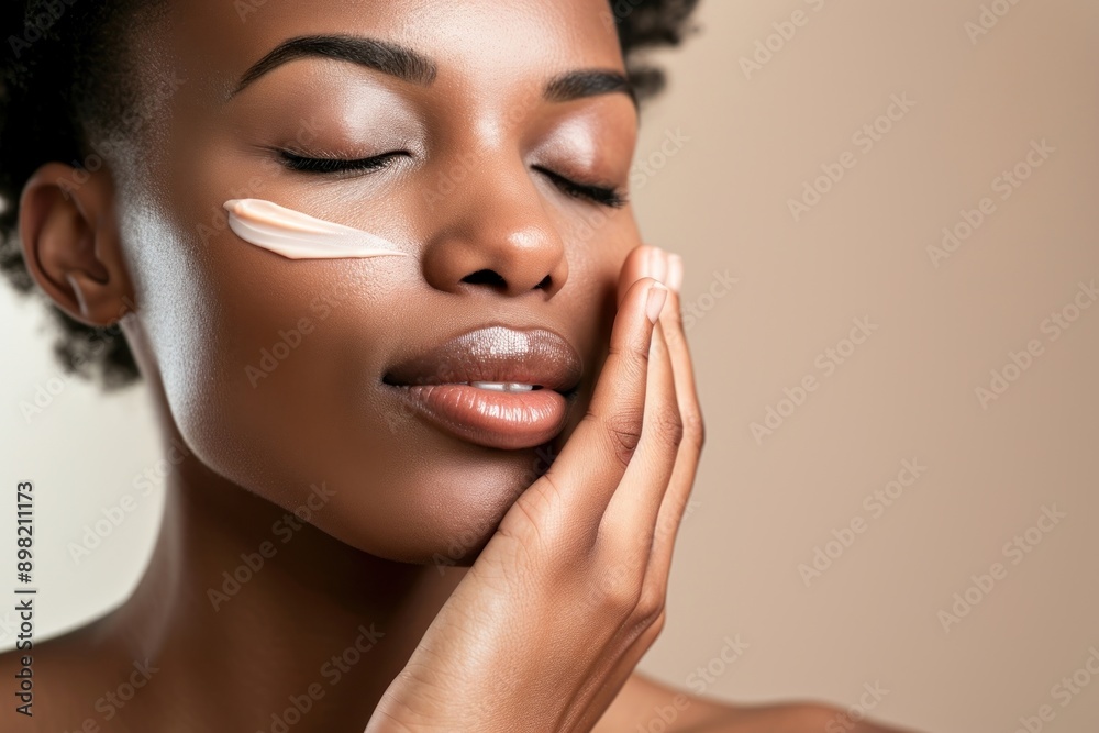 Fototapeta premium Black woman with a healthy glowing skin cosmetics portrait applying. .
