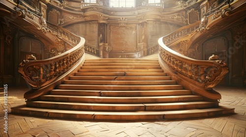 A grand staircase in an opulent palace bathed in sunlight photo