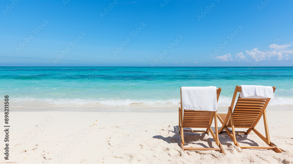 Deck chairs with towels on sandy beach by Atlantic Ocean Deck chairs with towels on sandy beach by Atlantic Ocean