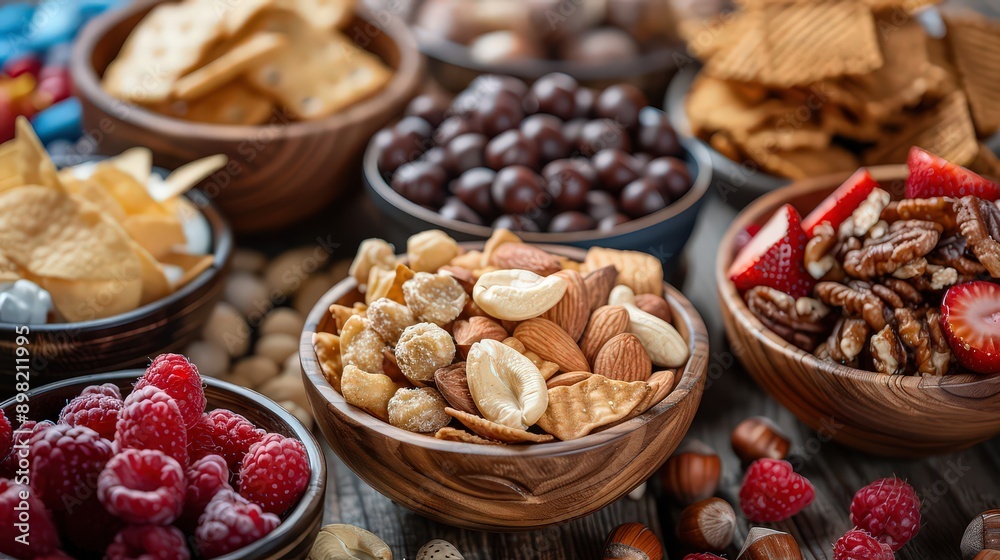 assortment of healthy snacks arranged in wooden bowls, including nuts, berries, crackers, and dried fruits, showcasing a variety of nutritious options. assortment of healthy snacks arranged in wooden bowls, including nuts, berries, crackers, and dried fruits, showcasing a variety of nutritious options.