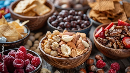 assortment of healthy snacks arranged in wooden bowls, including nuts, berries, crackers, and dried fruits, showcasing a variety of nutritious options.