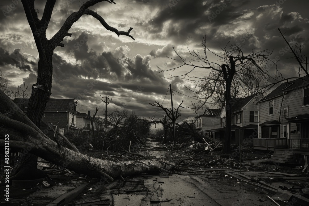 Fototapeta premium aftermath of a derecho in an urban area. The scene includes uprooted trees, damaged buildings, and debris scattered across the streets. The lighting is subdued, with dark clouds still lingering