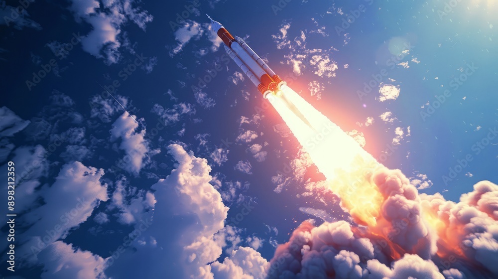 sleek rocket launching into the sky, with fiery exhaust plumes contrasting against a deep blue sky sleek rocket launching into the sky, with fiery exhaust plumes contrasting against a deep blue sky
