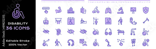 Disability line icons - editable stroke vector containing Donate, Hospital, Lungs,  Microscope, ECG, Broken, Height, Physical, Hand, Stick, Deaf, Blind, vision, Wheelchair, Glasses, Patient, Walker.