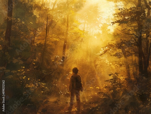 Wallpaper Mural young protagonist standing at the edge of a dense forest, bathed in golden morning light, symbolizing the journey from innocence to experience, evoking a sense of wonder and anticipation f Torontodigital.ca