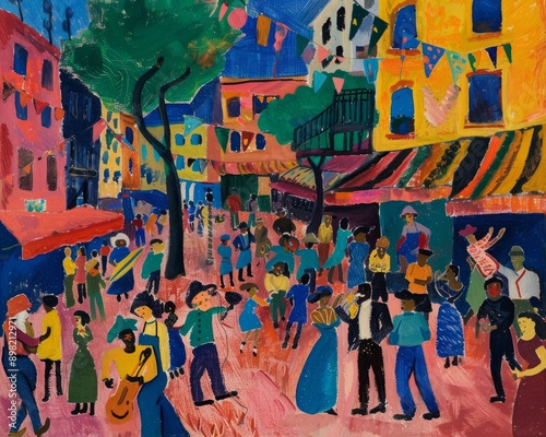 A lively street festival with musicians performing, people dancing, and food stalls lining the streets, vibrant and bustling atmosphere, rich and saturated colors