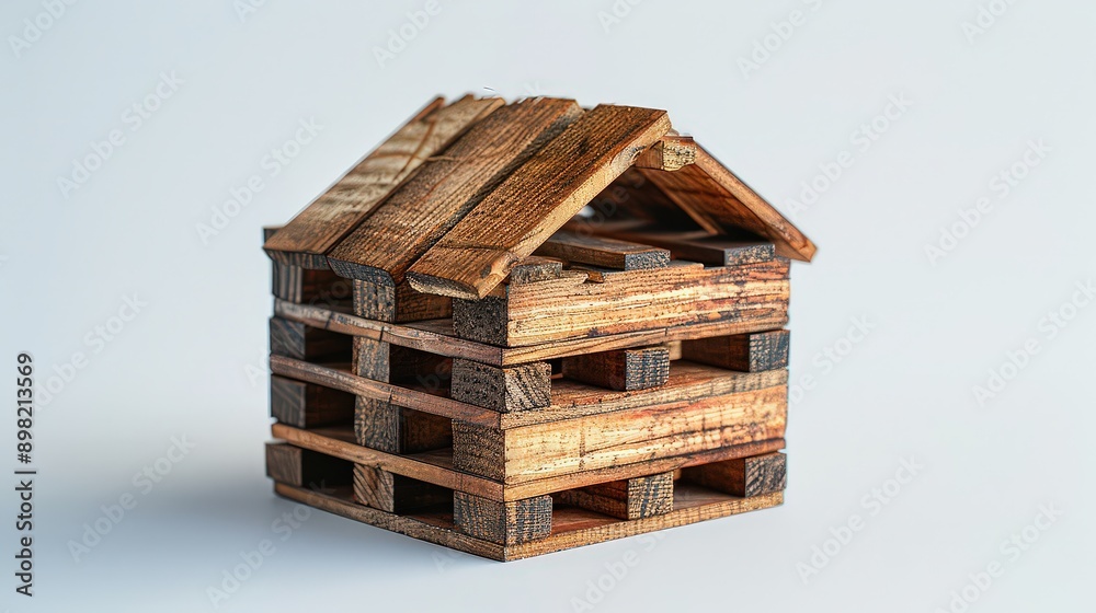 Illustrate a wooden pallet being used as building blocks for a small structure, set against a white background to highlight creativity and the concept of repurposing materials. Illustrate a wooden pallet being used as building blocks for a small structure, set against a white background to highlight creativity and the concept of repurposing materials.