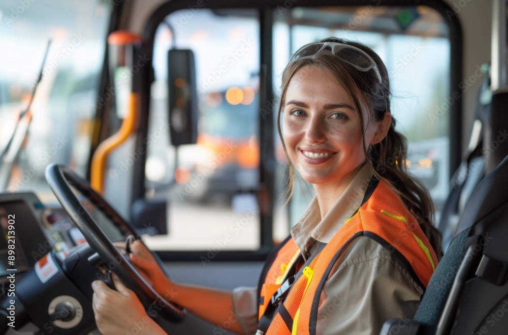 A photo of an attractive female school bus driver A photo of an attractive female school bus driver