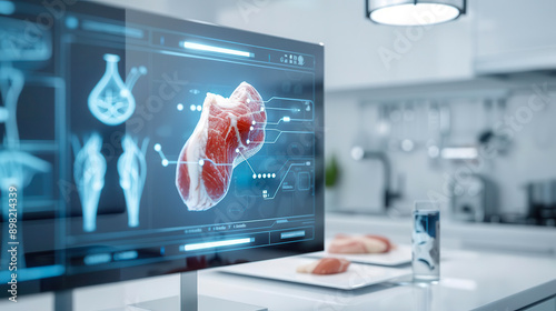 Laboratory grown meat in a futuristic kitchen, synthetic biology, cultured meat innovation