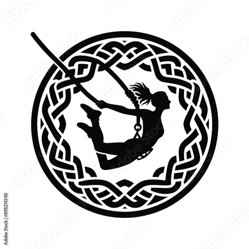 Bungee Jumping  female player in celtic knot pattern illustration, emblem shield badge