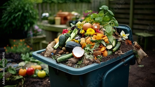 Person composting food waste in backyard compost bin garden