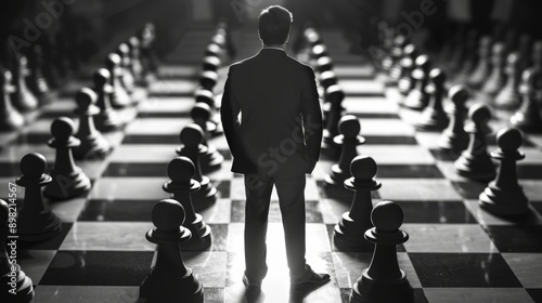 Strategic Businessman on a Chessboard