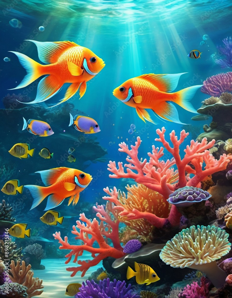 Naklejka premium Vibrant orange white yellow blue red reef fish swim through coral reef. Sun rays pierce sea water. Variety of animal. Ecology hydrosphere. Anthropogenic factor influencing death of coral reefs. AI