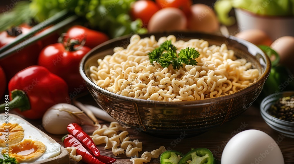 A bowl of cooked instant noodles sits on a kitchen table surrounded by fresh ingredients including vegetables, herbs, and eggs. Generative AI A bowl of cooked instant noodles sits on a kitchen table surrounded by fresh ingredients including vegetables, herbs, and eggs. Generative AI