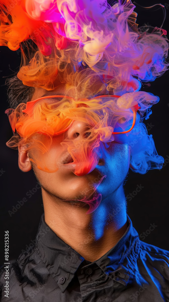 Man Exhaling Colorful Smoke in Studio Setting Man Exhaling Colorful Smoke in Studio Setting