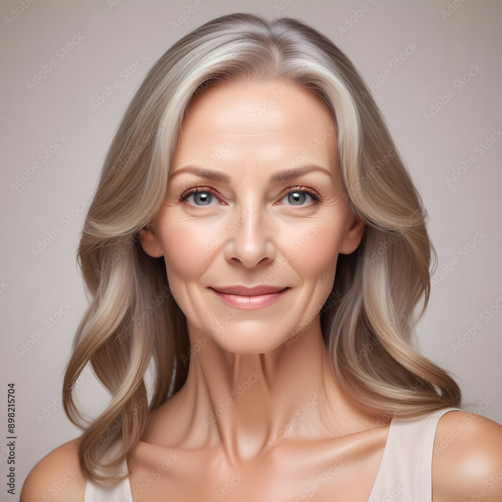 A 50 year old Caucasian lady with blonde gray hair and illuminated healthy complexion, showcasing smooth skin and a calm expression, reflecting the effects of a recent beauty treatment A 50 year old Caucasian lady with blonde gray hair and illuminated healthy complexion, showcasing smooth skin and a calm expression, reflecting the effects of a recent beauty treatment