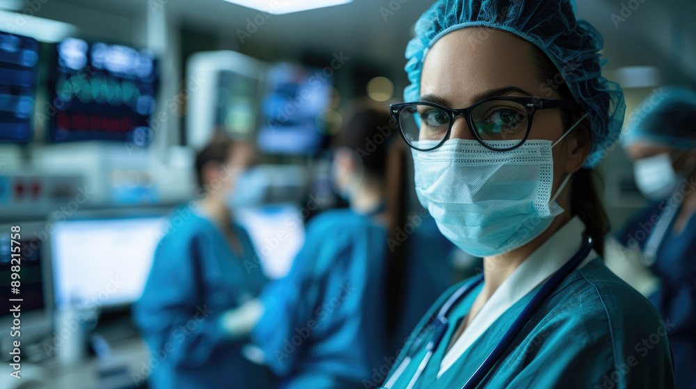 Female Surgeon Wearing Glasses and Mask in Operating Room Female Surgeon Wearing Glasses and Mask in Operating Room