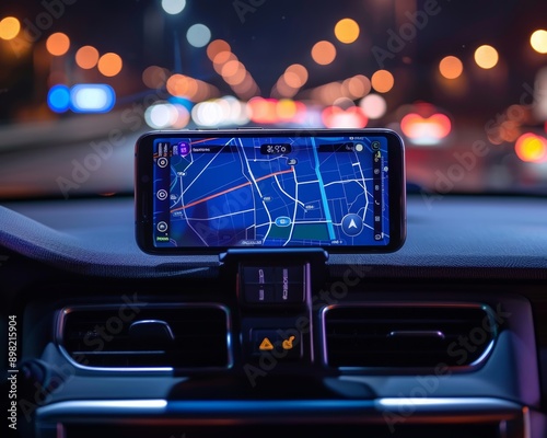 Futuristic car dashboard smartphone holder with navigation gps and infotainment hud screens concept photo