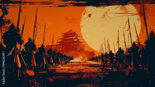 Ancient Chinese Army Marching Towards a Red Moon