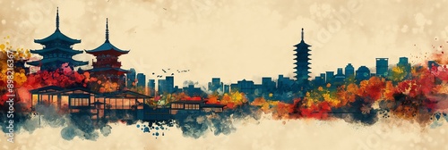 Watercolor Skyline of Tokyo with Temples and Fall Colors