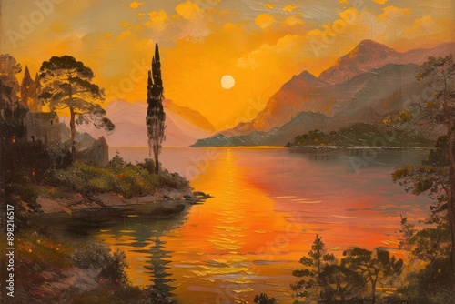 Fototapeta Naklejka Na Ścianę i Meble -  Sunset scenery painting art landscape.