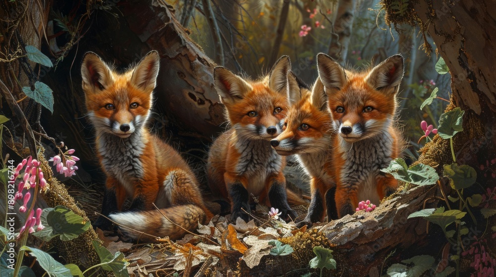 Playful fox cubs frolicking in a lush spring forest, embodying the enjoyment of wildlife, Springtime Frolic Playful fox cubs frolicking in a lush spring forest, embodying the enjoyment of wildlife, Springtime Frolic