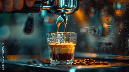  A close-up of coffee pouring into a glass, beans nearby, machine behind