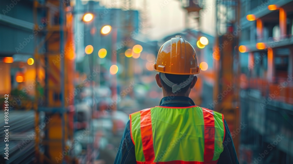 Professional Engineer in Safety Vest and Hard Hat at Construction Site Professional Engineer in Safety Vest and Hard Hat at Construction Site
