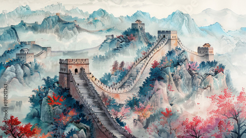A painting of the Great Wall of China with a mountain range in the background