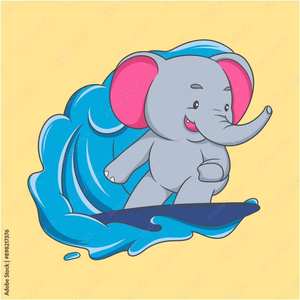 cartoon elephant is riding a surfboard in the ocean cartoon elephant is riding a surfboard in the ocean