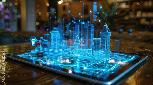 A Digital Cityscape Projected on a Tablet Device in a Modern Setting