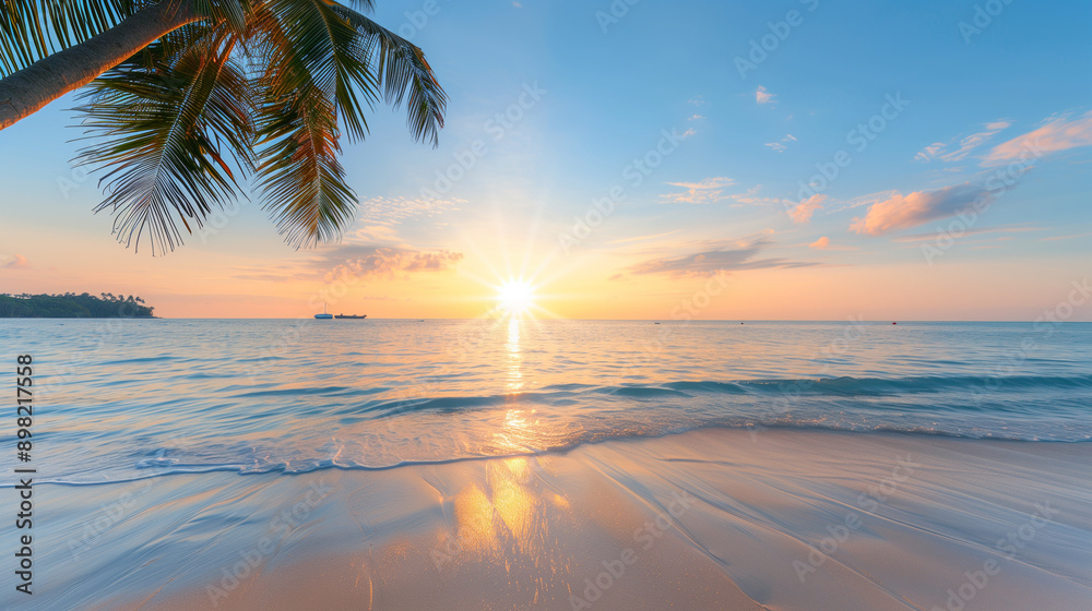 Fototapeta premium Sunset on a tropical beach with palm trees 