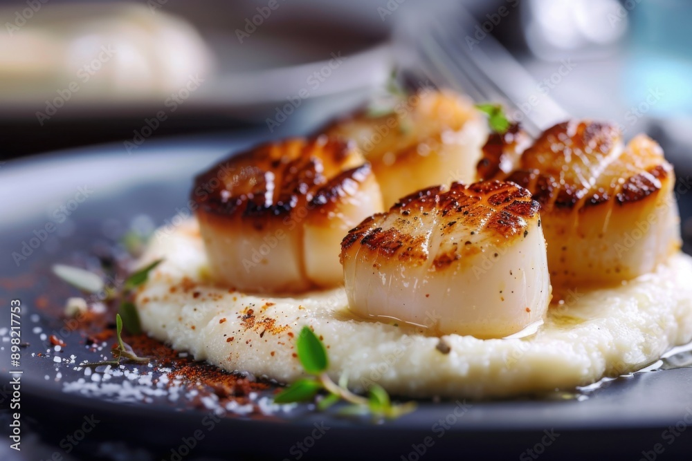 Perfectly seared scallops on puree swirl, fine dining presentation, with copy space Perfectly seared scallops on puree swirl, fine dining presentation, with copy space