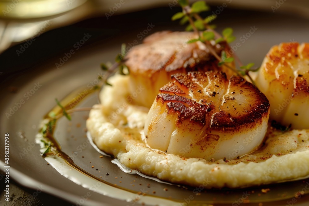 Perfectly seared scallops on puree swirl, fine dining presentation, with copy space Perfectly seared scallops on puree swirl, fine dining presentation, with copy space
