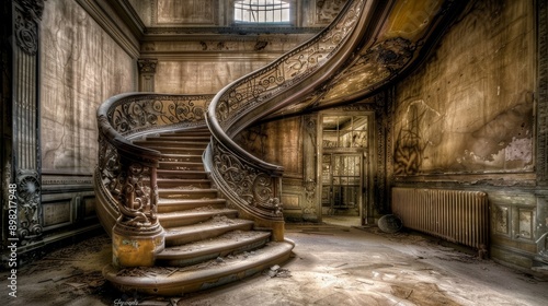 The image depicts a grand spiraling staircase in a crumbling aba photo