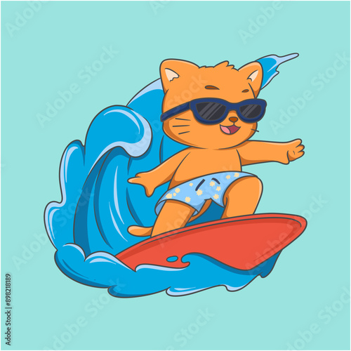 Photography cartoon cat is surfing on a red surfboard in the ocean