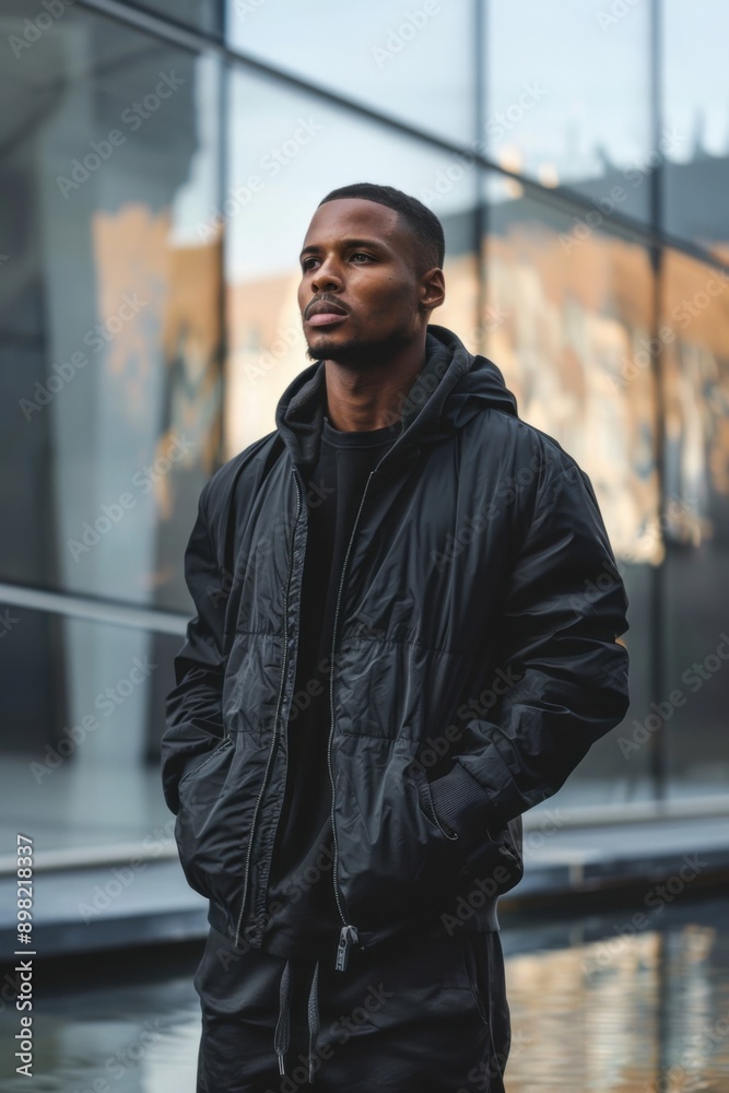 Black man in black jacket standing against glass building background Black man in black jacket standing against glass building background