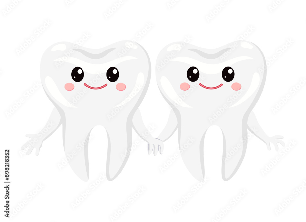 Two cute teeth holding hands. Each tooth has large eyes, rosy cheeks, and a cheerful smile, giving them a friendly appearance. For promoting oral hygiene and attracting children to dental care. Two cute teeth holding hands. Each tooth has large eyes, rosy cheeks, and a cheerful smile, giving them a friendly appearance. For promoting oral hygiene and attracting children to dental care.
