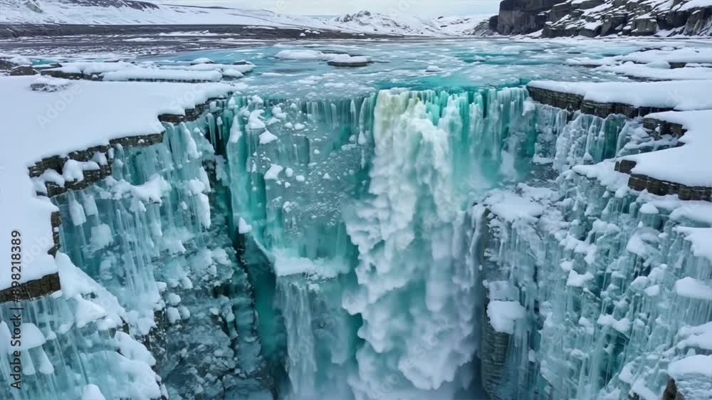 Winter scene of icicles hanging by a river with a majestic waterfall in the snowy mountain landscape Winter scene of icicles hanging by a river with a majestic waterfall in the snowy mountain landscape