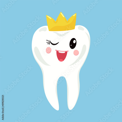 Postcard with a perky white tooth in a gold crown on a blue background. Cute tooth fairy for children's dentistry. Celebrating the loss of the first tooth.