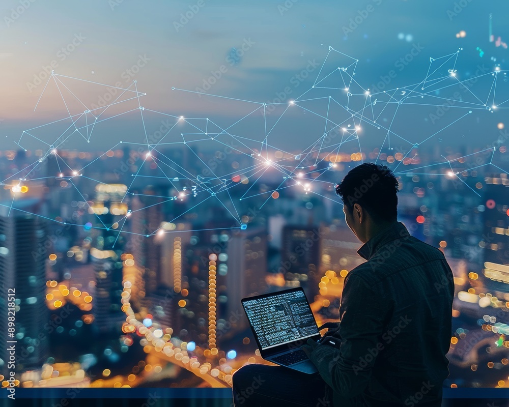 © Mikhail Vorobev - Man in futuristic smart city with big data technology background using mobile phone and laptop © Mikhail Vorobev - Man in futuristic smart city with big data technology background using mobile phone and laptop