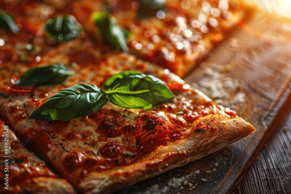 Rustic wood-fired pizza with fresh basil, Italian favorite, with copy space Rustic wood-fired pizza with fresh basil, Italian favorite, with copy space