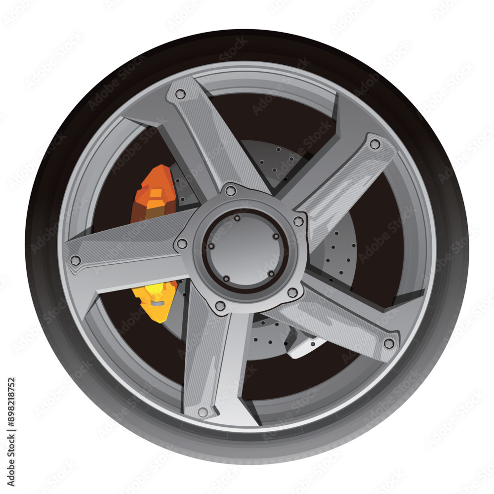 Obraz premium Vector car wheel. Rear wheel. Brake pads. Volumetric wheel