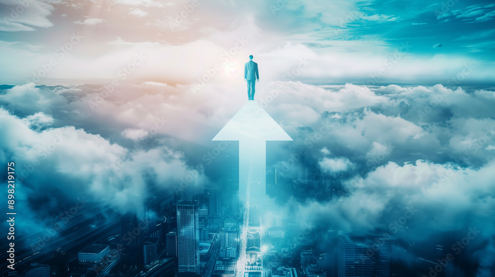 A huge blue arrow pointing upwards, with an office worker standing on the tip of it, above a cityscape with a cloudy sky A huge blue arrow pointing upwards, with an office worker standing on the tip of it, above a cityscape with a cloudy sky