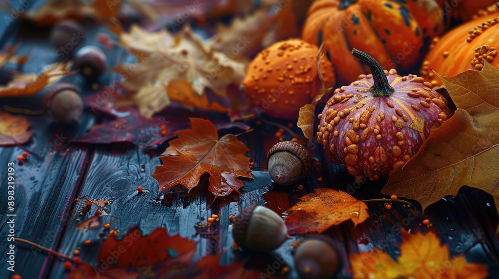 Pumpkins and Acorns on Table Pumpkins and Acorns on Table