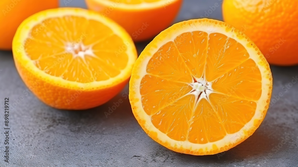 Fototapeta premium Oranges arranged on a table, resting on a gray background