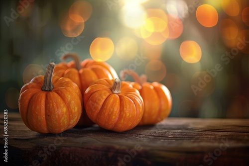 Small Orange Pumpkins on Rustic Wooden Table with Bokeh Background