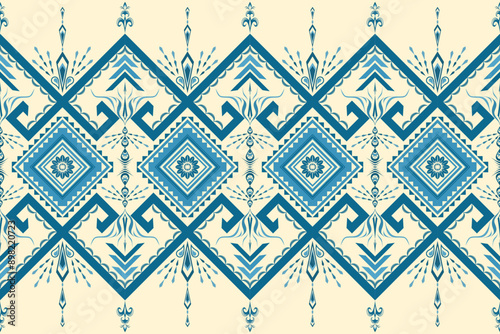 An intricate geometric floral pattern with diamond shapes and elaborate detailing, rendered in blue on a beige background. This design is perfect for textile designers, fashion brands, and digital art