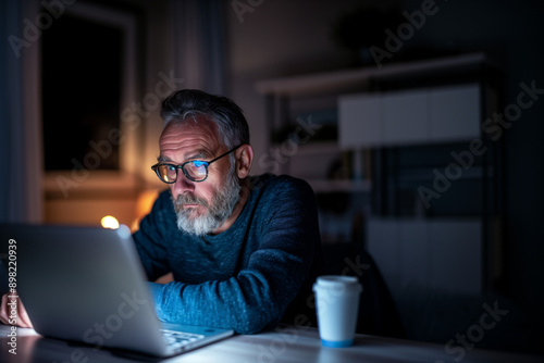older worried man working on laptop at the night; serious face expression guy sitting in front of computer; concept of silver tsunami, remote work